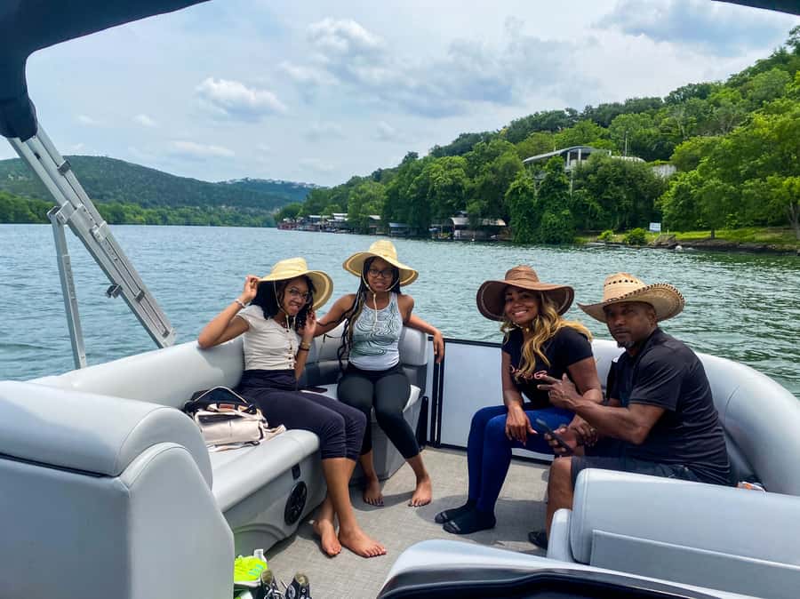 Austin: Lake Austin Private Boat Cruise - Full Sun Shading - Private pontoon cruising under the Pennybacker Bridge
