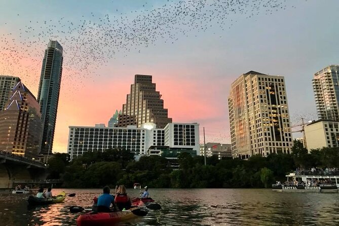 Austin skyline at dusk as the bats leave the Congress Avenue bridge