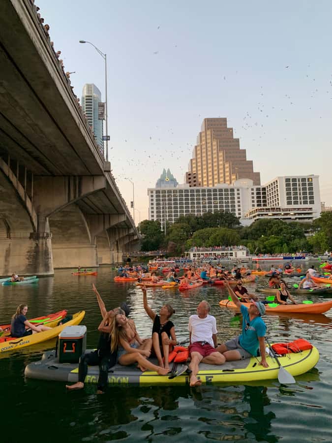 Downtown Sunset Tandem Kayak with 1.5M Bats - Meeting under IH-35: finding Boats and Bats without stress